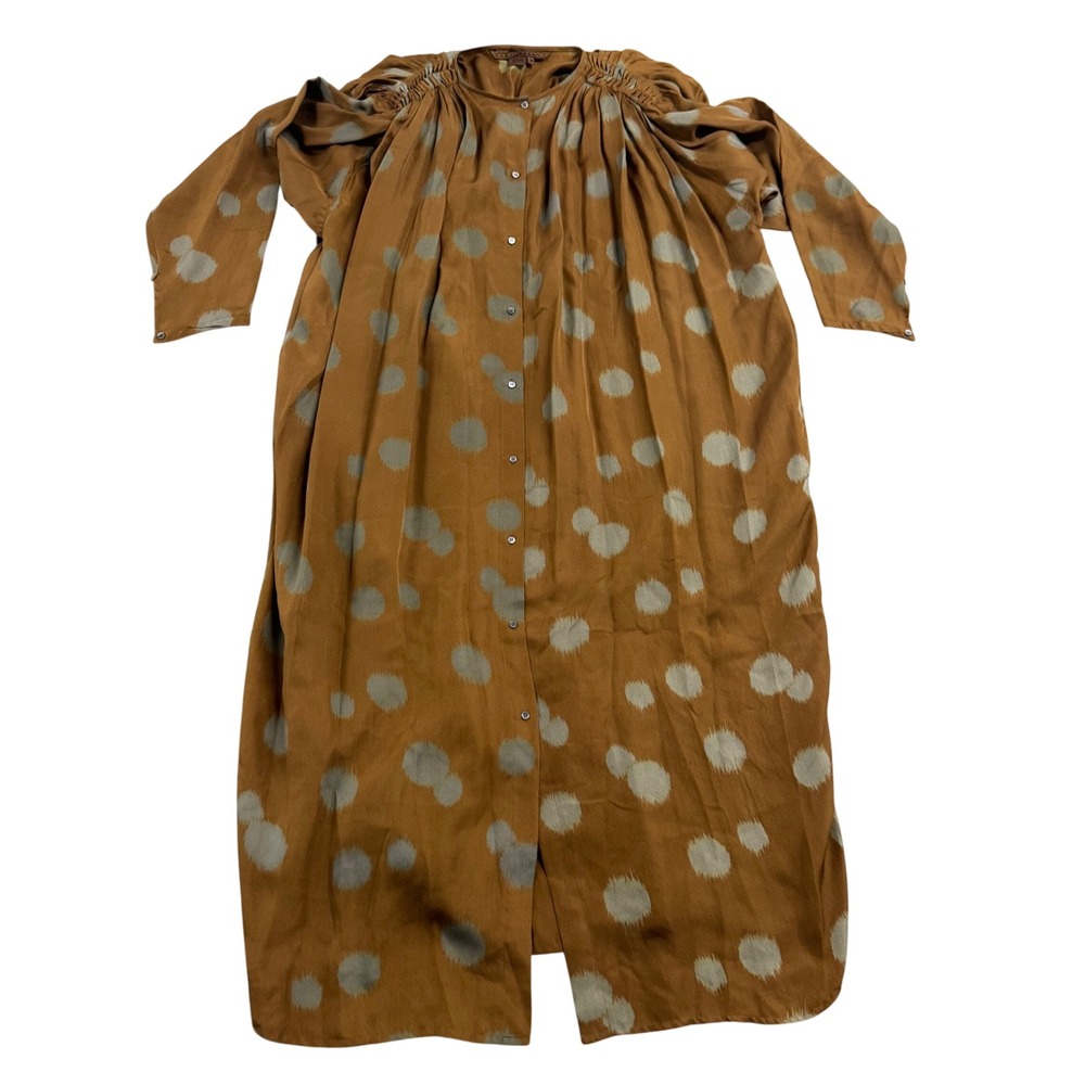 VTG Leon Max Brown Polka Dot Silk Maxi Dress S/S Oversized Lagenlook Retro Y2k